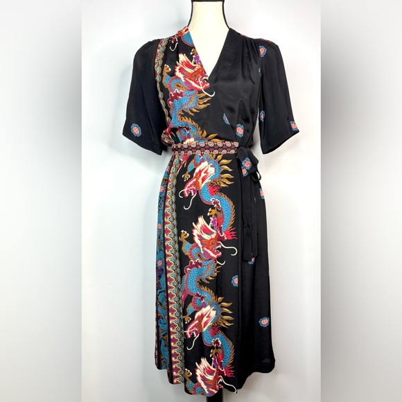 Vintage Anita Kantor 70s / 80s Black Midi Wrap Dress Asian Dragon Print Small - Picture 14 of 14